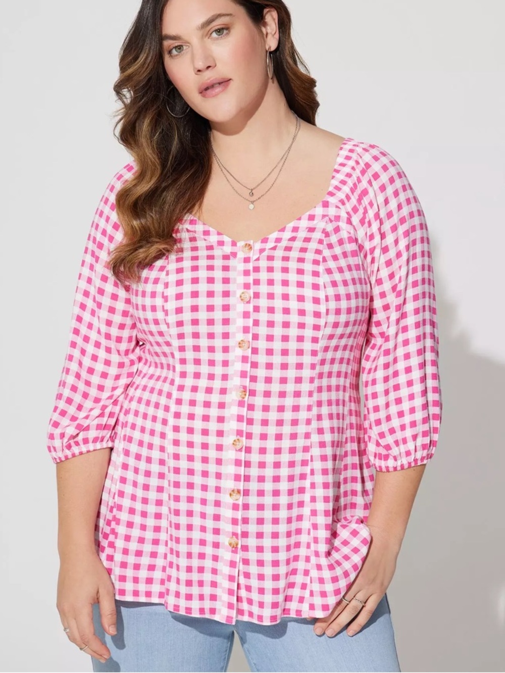 Torrid Pink Gingham Fit & Flare Rayon Slub Button Up 3/4 Sleeve Top 3X 40086473